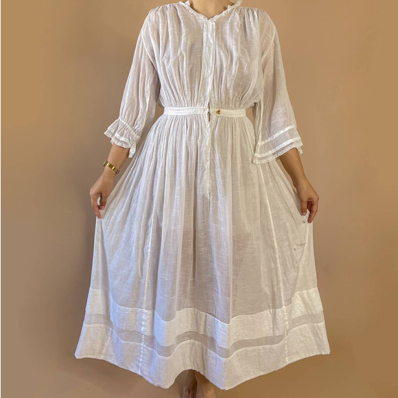 Antique White Long Sleeve Cotton Edwardian Lawn Dress 26-27w - Picture 2 of 13
